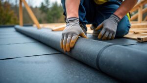 A worker clearing snow from a house roof with sturdy shingles during winter.