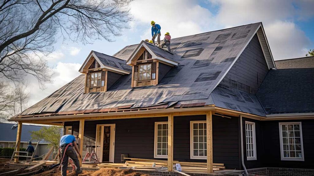 A person on the ground pointing at a soccer ball resting on the edge of a steep residential roof.