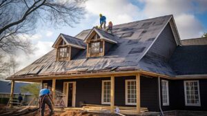 A person on the ground pointing at a soccer ball resting on the edge of a steep residential roof.